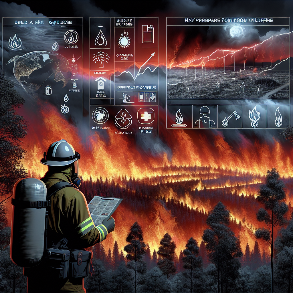 An intense visualization depicting the harrowing scene of a wildfires spread across a dense forest during an extreme heatwave. In the forefront, a well-prepared individual of South Asian descent, wearing protective clothing, a helmet, and carrying a fire safety kit observes the blaze from a safe distance. The sky is glowing with shades of red, orange, and dark gray representing the severity of the wildfire. In the midground, there are detailed visual symbols signifying emergency measures to stay safe from wildfires and heatwaves such as a drawn instruction of building a safe zone, staying hydrated, and evacuation plan.