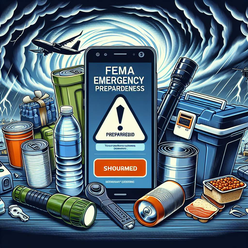 Illustrate an image that represents FEMA Emergency Preparedness, specifically for the hurricane season. Depict an assortment of essential items such as bottled water, a flashlight, canned food, and a battery-powered radio, hinting at storm preparedness. Also include a smartphone screen with an incoming emergency alert message about an imminent hurricane. Add a background setting of an ominous, overcast sky depicting the tensions of the hurricane season. The vibe of the image should convey the importance of being prepared for such natural disasters.