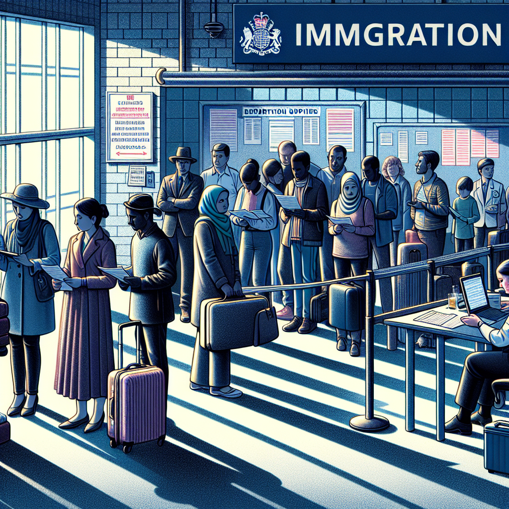 A detailed illustration of a diverse group of individuals queuing at an immigration checkpoint. The people should represent different races and genders, carrying luggage and showing various expressions of hope and uncertainty. In the background, there's a large departmental sign that reads 'Immigration'. On the side, a notice board displaying the latest policy updates is visible. Also portray some officers at their desks, busy with paperwork, representing both genders and multiple descents. Shadows, light, and color should create an atmosphere of anticipation.
