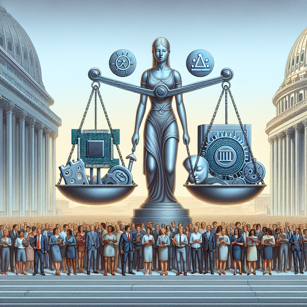 Illustrate a symbolic representation centered around the concept of AI regulation. Picture modern Washington D.C architecture in the background, not referring to any specific administration. Include a large, symbolic set of metallic scales balanced evenly, each side holding different objects: one side holds a AI chip and the other a book depicting law symbols. Show diverse group of gender-neutral people around the scales showing mixed reactions of intrigue, study and discussion. Incorporate hues of blues and greys. No night sky, celebrities, politicians or icons should be included.