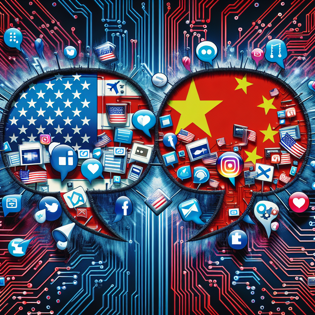 Visual representation of a heated debate concerning technology censorship, symbolized by two speech bubbles clashing in the middle. One speech bubble emerges from an American flag and contains various icons representing social media platforms. The other speech bubble emerges from a Chinese flag and contains icons such as shields and barriers, indicating blocking and restriction. The background is filled with complex circuits implying the interconnectedness of global technology.