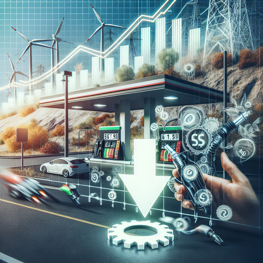 Depict a highly detailed scene featuring a gas station with the sign clearly displaying low prices against a background of other energy infrastructures such as wind turbines, solar panels, and electric car charging stations. Overlay this with a transparent graph showing a steep drop in line representing plummeting gas prices. Also include a symbol of a gear shifting to symbolize the policy shifts. Ensure that all these elements are composed in a way that conveys the narrative of US energy policy shifts causing a drop in gas prices.