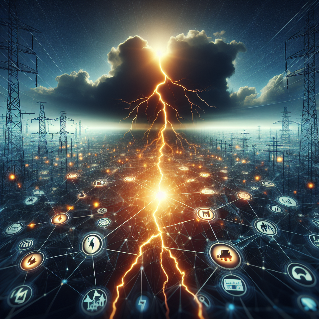 An in-depth perspective of the intricate, interconnected structure of a nation's power grid, emphasized by glowing lines denoting the myriad of electrical connections spanning the entire country. A single, ominous crack, akin to thunder in a stormy sky, symbolizes the risk of grid failure. Enhancing this gloomy scenario are small icons representative of various tips to prevent an outage. This includes maintenance workers diligently inspecting and repairing power lines, advanced technology used for grid monitoring, and alternative power sources like wind turbines and solar panels integrated within the grid.
