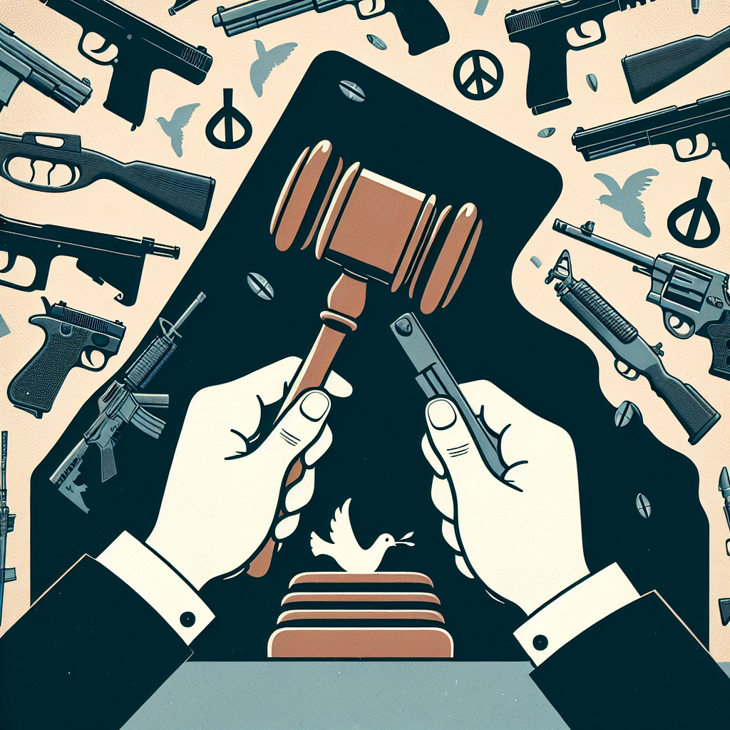 Generate an illustration representing the concept of gun control legislation as an effort to combat gun violence. Show a pair of Caucasian hands with a gavel, symbolizing authority, in the act of striking down on a pile of various types of firearms, to depict the enforcement of laws. Depict neutral color schemes and straightforward symbolism to avoid any bias. Surround the imagery with symbols of peace, such as doves or olive branches, to highlight the objective of reducing violence.