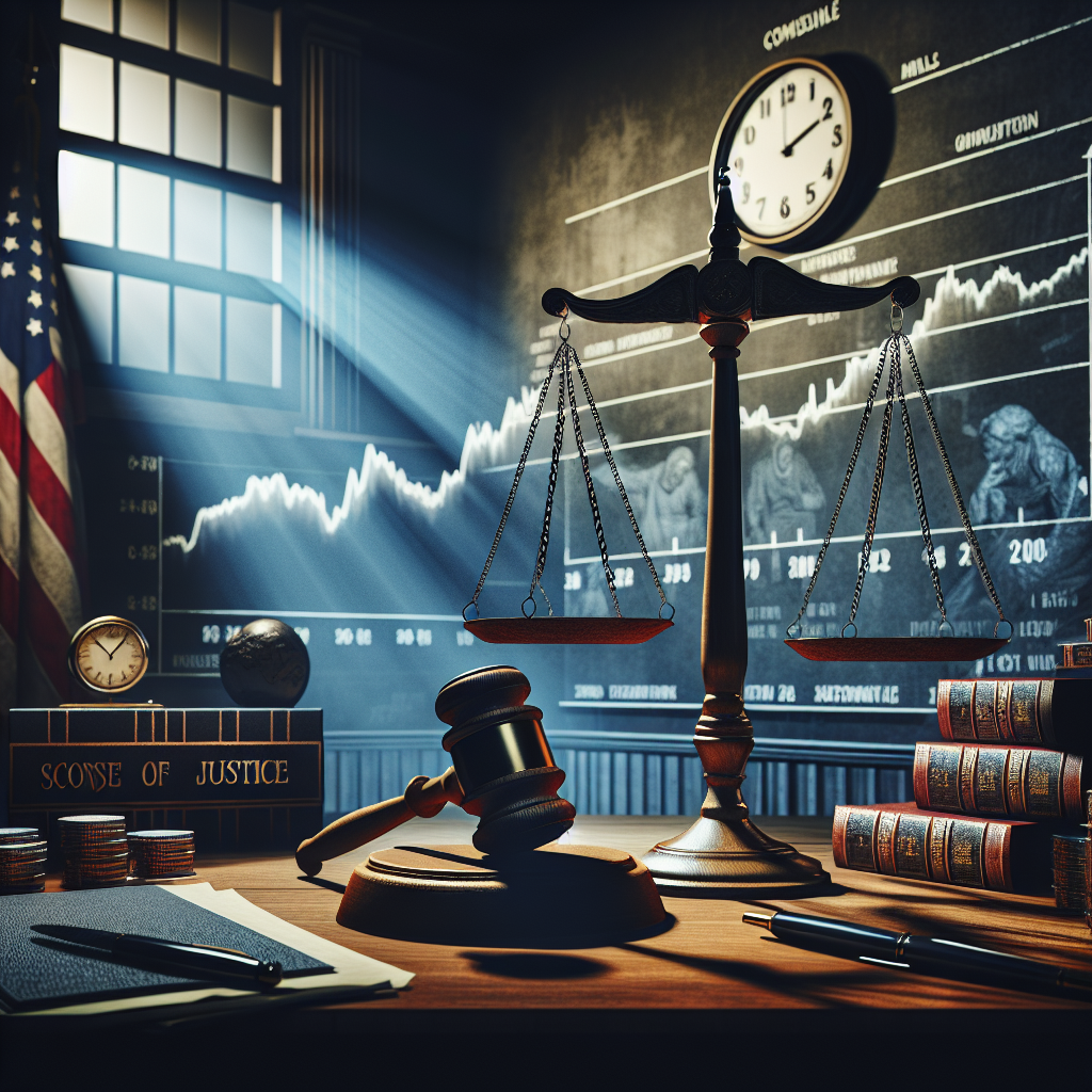 A dramatically lit courtroom scene capturing the tension and anticipation of high-profile criminal trials in the United States. Balancing scale of justice, an activated gavel displayed prominently, and a collection of legal documents scattered on the desk suggest the complexity and gravity of such cases. A clock on a wall shows it's late in the evening, indicating the long hours of deliberation. On the wall behind, a chart tracing the trends in verdicts over the years. Overall, the image conveys the high stakes, meticulous process, and the rich history of jurisprudence.