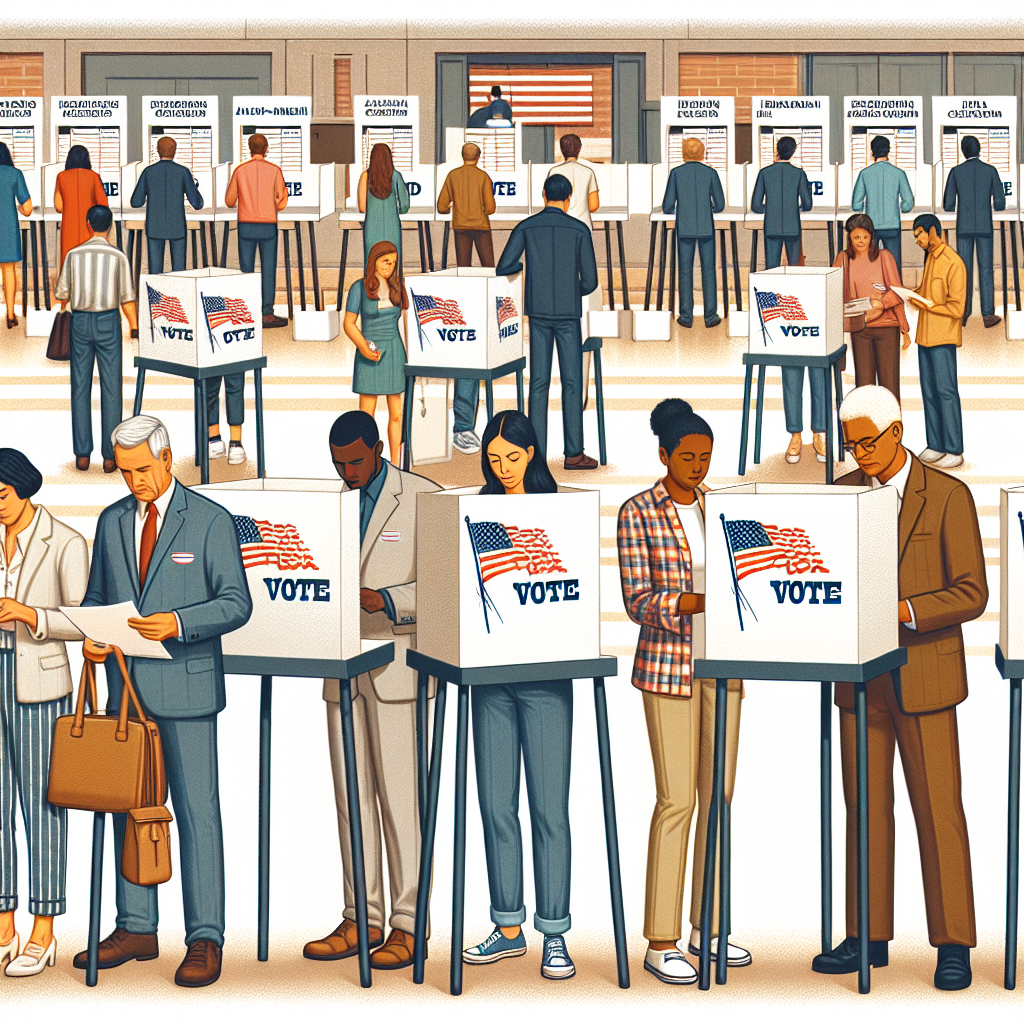 A diverse range of people in the act of voting at a polling booth, with clearly marked new signages to reflect the changed laws. The environment is bustling yet orderly. People from different ethnic backgrounds - Hispanic, Caucasian, African-American, South Asian, Middle Eastern - cast their votes. Each person is shown adhering to the newly implemented laws. Also depict officials carefully monitoring the voting process, ensuring legality and fairness. In the background, the location is clearly an updated, modern voting facility. Please include a balanced representation of genders among both the voters and officials.