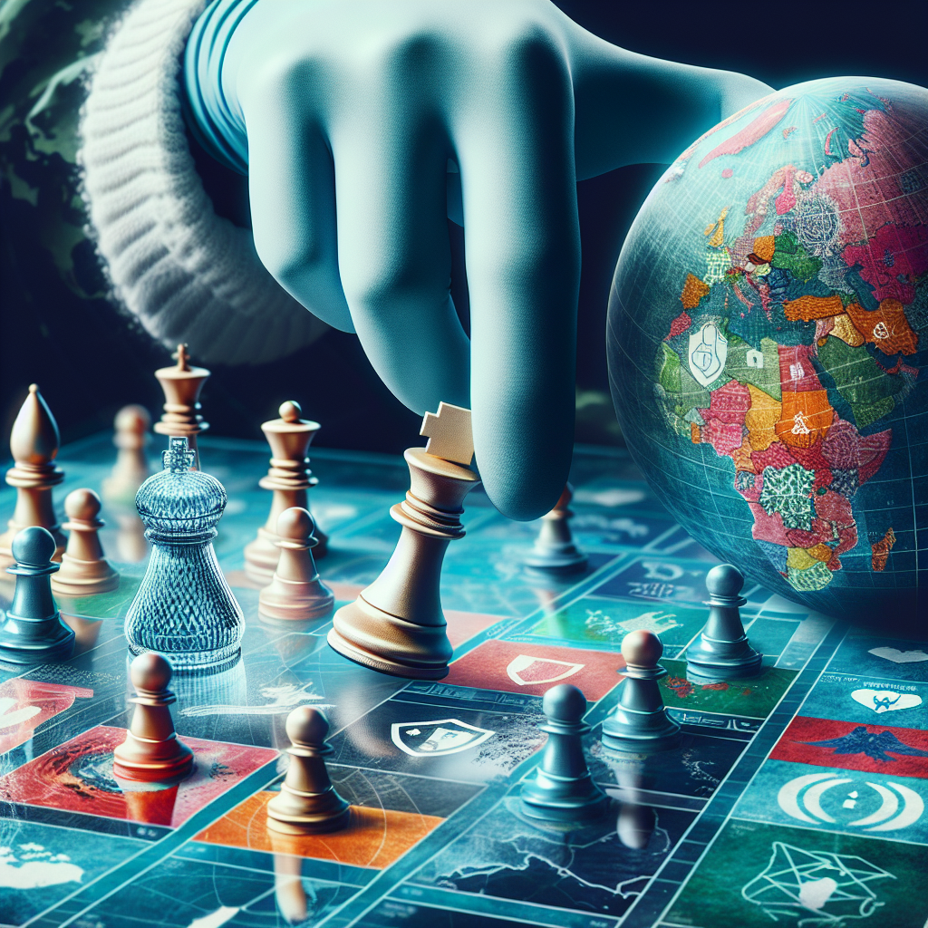 Conceptualize an image of a gloved hand carefully placing a chess piece on a world map board, indicating strategic thinking. The chess piece represents global security, and the hand, the US military aid decisions. The board is vibrant with designs of different countries. The globe is divided into colorful regions, representing various continents and countries. In the background, there are subtly placed safety symbols like a shield, a secure lock, and a peace dove, symbolizing protection, security, and peace respectively. The aesthetic should be semi-realistic and the tones, cool and subdued, to express the seriousness of global security issues.