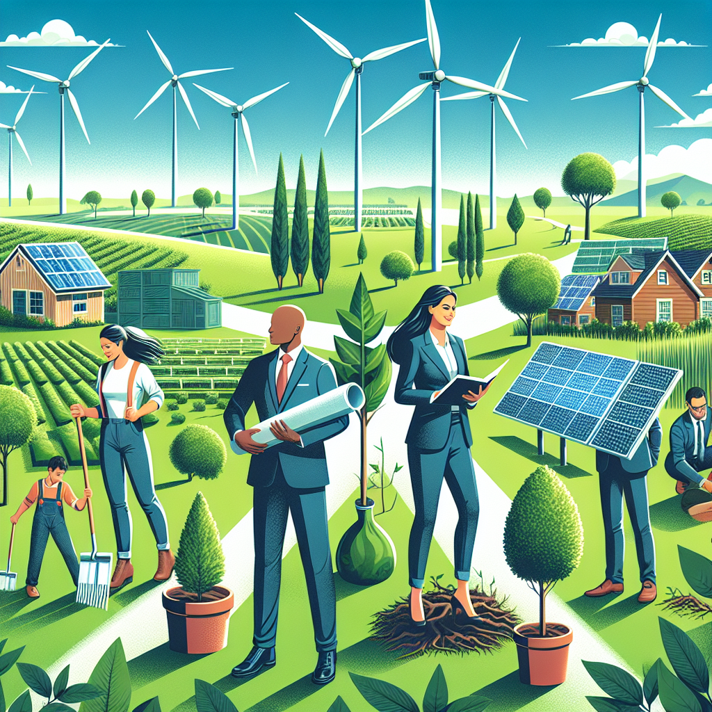 A crisp and vivid illustration showing a scene of clean energy investments. The image includes wind turbines spinning optimally in a lush green field indicating wind energy, solar panels strategically placed on rooftops of eco-friendly homes showcasing solar energy, and individuals planting trees to represent carbon offsets. Among the individuals, we see a South Asian woman and a Caucasian man, both wearing suits, symbolizing investors or lawmakers. In their hands, they hold blueprints or plans for climate change legislation. In the background, we see a healthier, cleaner blue sky indicating a positive impact on the environment.