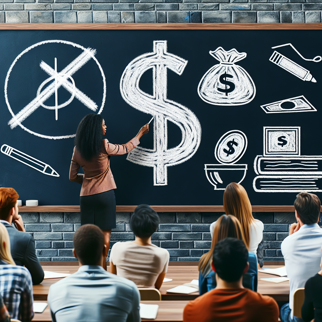 Picture a scene of diverse people representing multiple descents such as Caucasian, Hispanic, South Asian etc., in a classroom setting. They are attentively listening to a female black professor explaining intricate details on a board which depicts a chalk drawn dollar sign, crossed out by a large eraser mark. Below these symbols, the words 'Student Loan Forgiveness Program' can be seen. Books titled 'loan programs update' and 'must have guide' are on the professor's table. The feeling of relief and hope is palpable in the room.