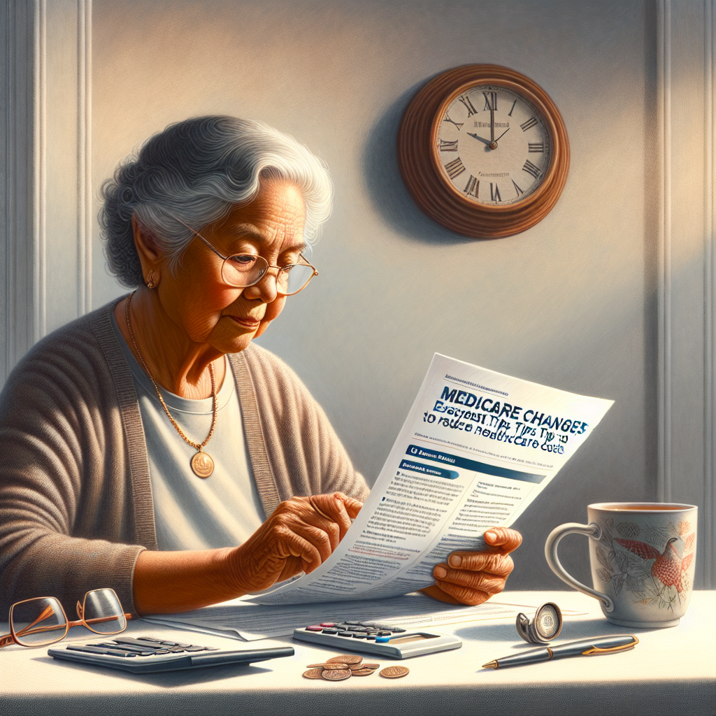 A detailed image of an elderly South Asian woman reading a pamphlet titled 'Medicare Changes: Effortless Tips to Reduce Healthcare Costs'. She's seated at a table, characterized by a peaceful and focused expression. On the table, a pair of glasses, a calculator, and a cup of tea are neatly arranged. The room is softly lit with an atmosphere of serenity and wisdom. In the background, hanging on the wall, a round clock showing the time - a little past noon. The image embodies the feeling of a senior citizen taking charge of her healthcare decisions.