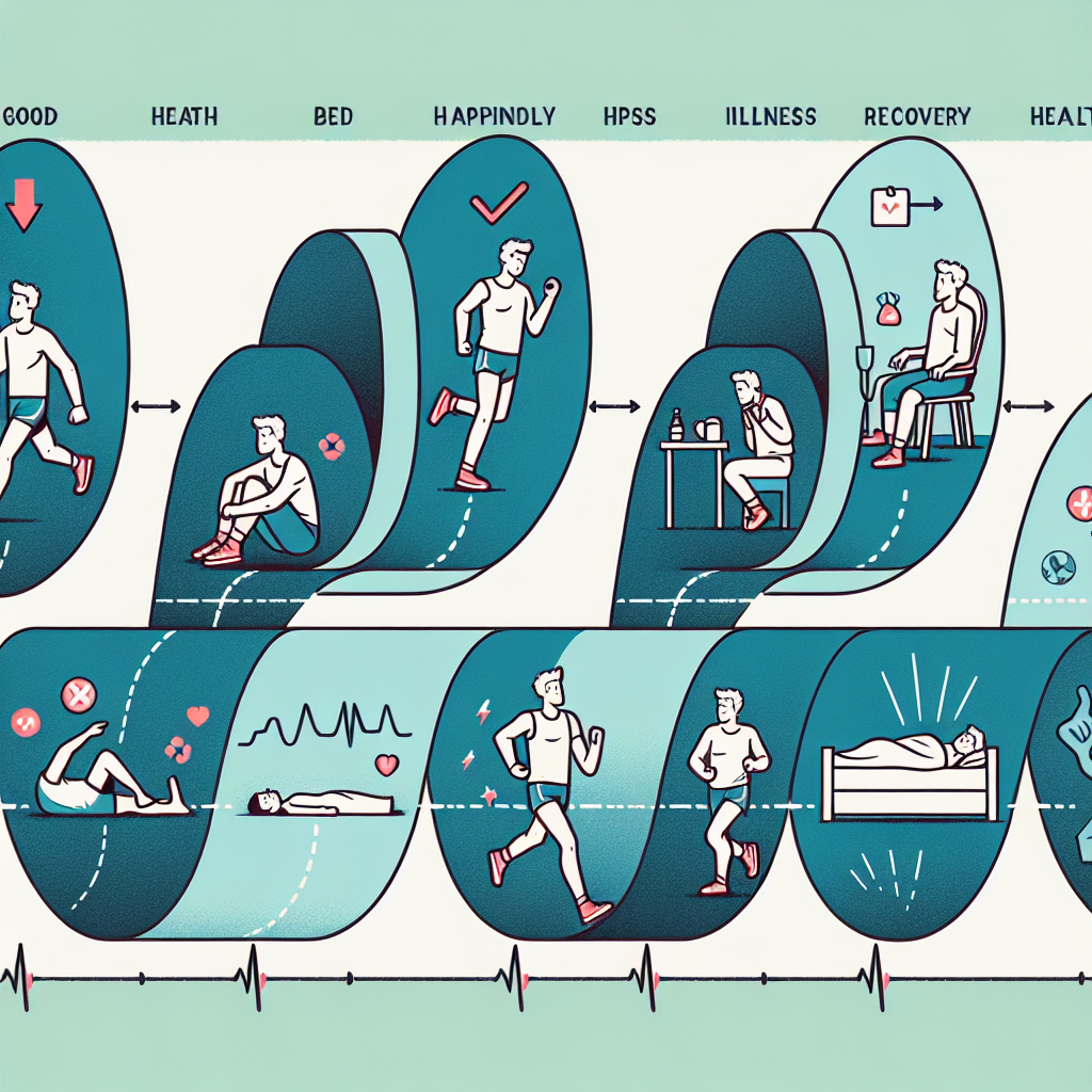 An illustrated timeline emphasizing the highs and lows of an imaginary influential person's health journey. The timeline should be divided into segments, where each portion represents a different stage of their health. For example, one segment might show the person jogging happily, indicating a period of good health; another could show them resting in bed, symbolizing a time of illness, while another shows them doing yoga, indicating recovery. These symbols should be placed on a timeline, flowing from left to right, with ups and downs to represent the positive and negative health updates.