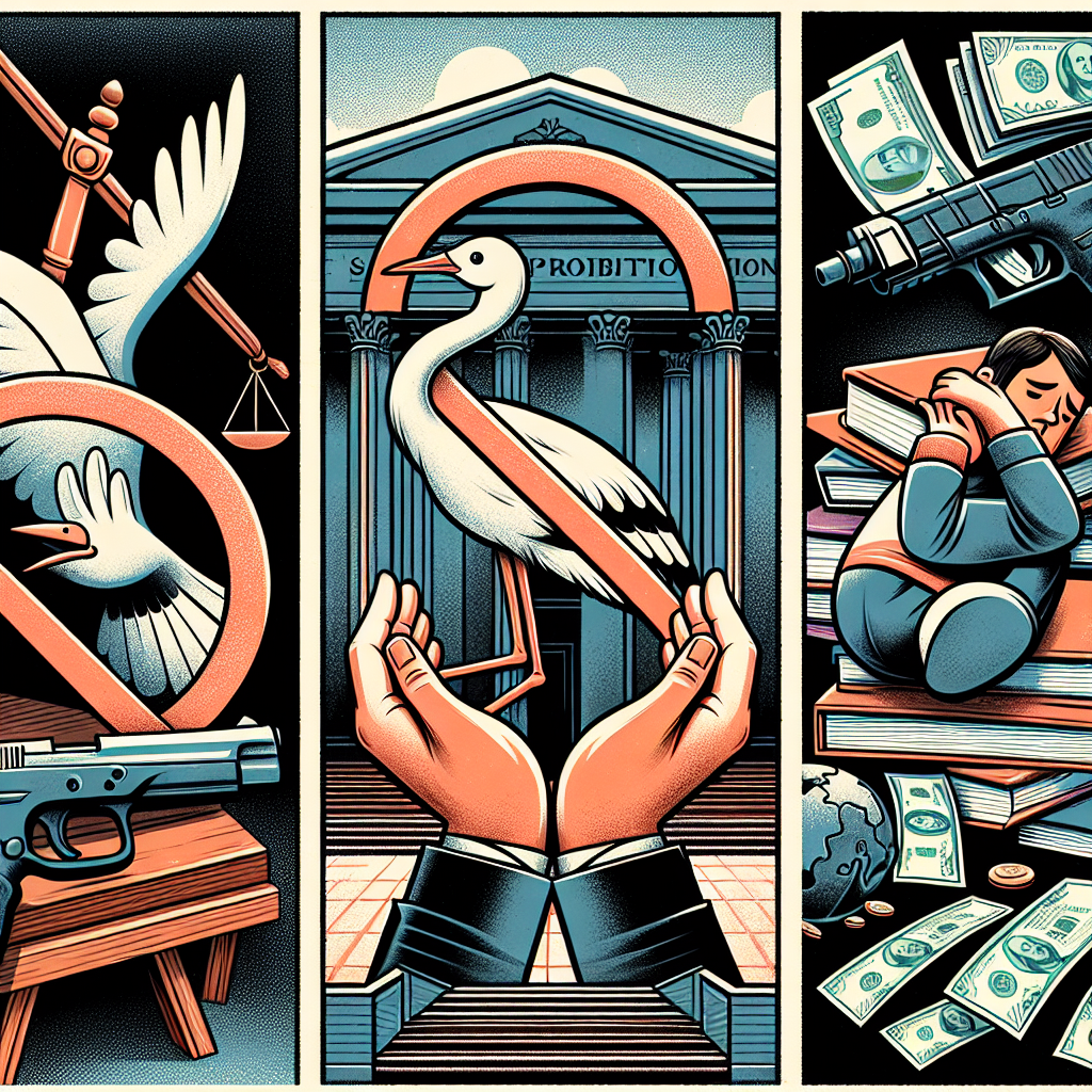 An illustration symbolizing various aspects of the American judicial system. The image is divided into three equal sections. In the left section, there's a stork inside a 'prohibition' sign representing the topic of abortion. The middle section shows a pair of hands cautiously holding a gun, embodying gun control laws. The right section shows a student buried under a pile of books, with dollar bills flying around them, illustrating the student loan crisis. All sections are linked by a background that showcases the iconic gavel and scales of justice, symbolizing the Supreme Court.