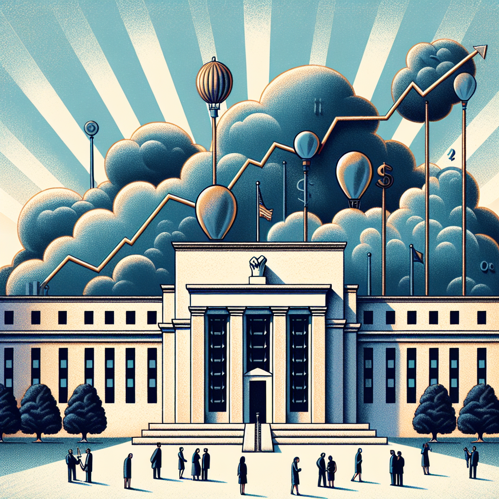An illustrative image portraying a symbolic representation of the Federal Reserve. The building is a massive, neoclassical structure with Greek-style columns at the front. Nearby, there is a tree with leaves signifying growth, its branches reaching towards the structure. Above them, looming clouds depict inflation, represented by balloon shapes interspersed within them. Slender rays of sunlight peeking through the clouds symbolize hope. In the background, a line graph showing an upward trend signifies the growth outlook. In the foreground, a diverse group of people stand, representing the interested public.