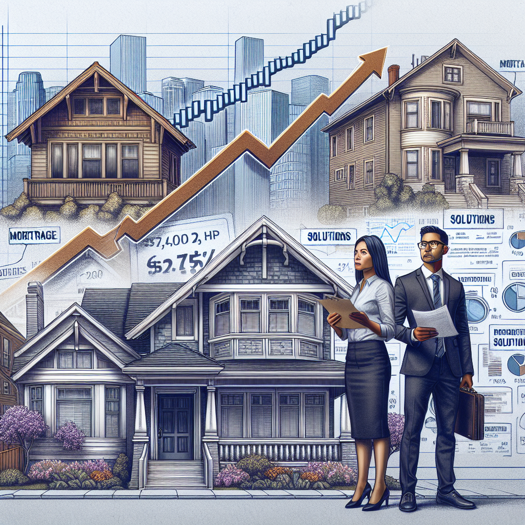 A detailed street view of a variety of US homes in different architectural styles. Next to them, a stock market graph towers, its uptrend line signifying rising mortgage rates. Near the graph, a concerned Hispanic man in business attire holds a document labeled 'Mortgage Rates', while a thoughtful Middle-Eastern woman in casual business attire looks at a laptop screen displaying potential solutions. They are standing next to a whiteboard with the words 'US Housing Market Solutions' written on it, underneath which are economic charts, statistics and brainstorming ideas.