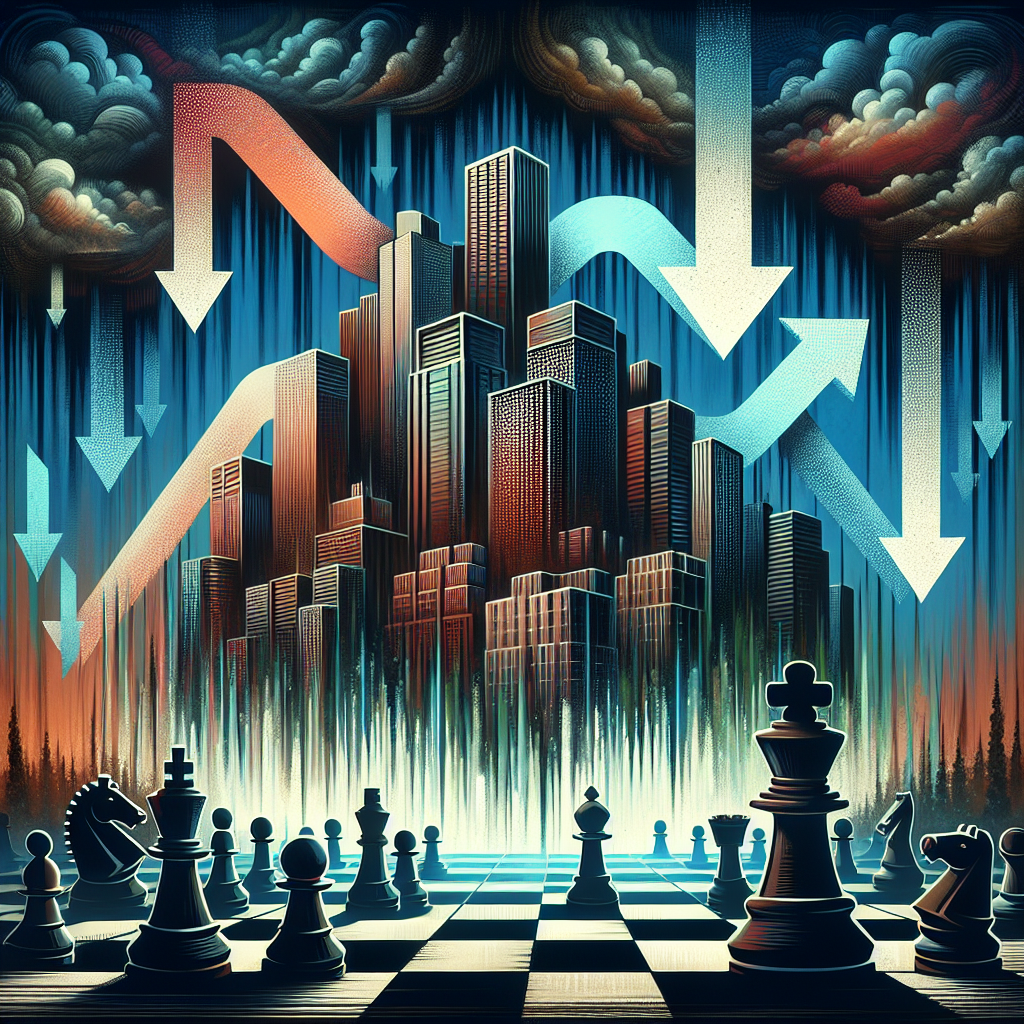 A large-scale representation in an abstract style. This includes symbolic elements such as stormy weather, downsizing arrows and defeated chess pieces to depict the concept of mass layoffs. Several towering skyscrapers are visible in the background, signifying tech giants. The environment is depicted with dark colors and somber tones to reflect the serious situation.
