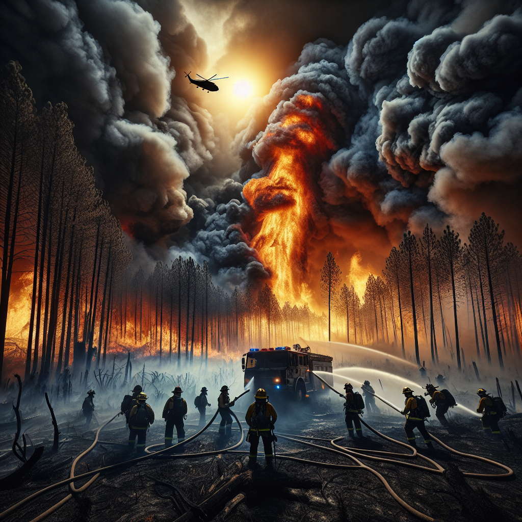 A powerful and dramatic scene encapsulating the disastrous effects of extreme weather phenomena. The main subject is a borderless, raging wildfire consuming a dried-out forest under a blistering midsummer sun. Thick black smoke is billowing from the fire, rising up to the heavens and blotting out the sun, creating an ominous shadow over the scene. In the foreground, an agitated group of firefighters of both genders and diverse descents (Black, Hispanic, and Asian) bravely combating the devastating blaze with their hoses, while an evacuation helicopter hovers in the smoke-filled sky, highlighting the urgency of the situation.