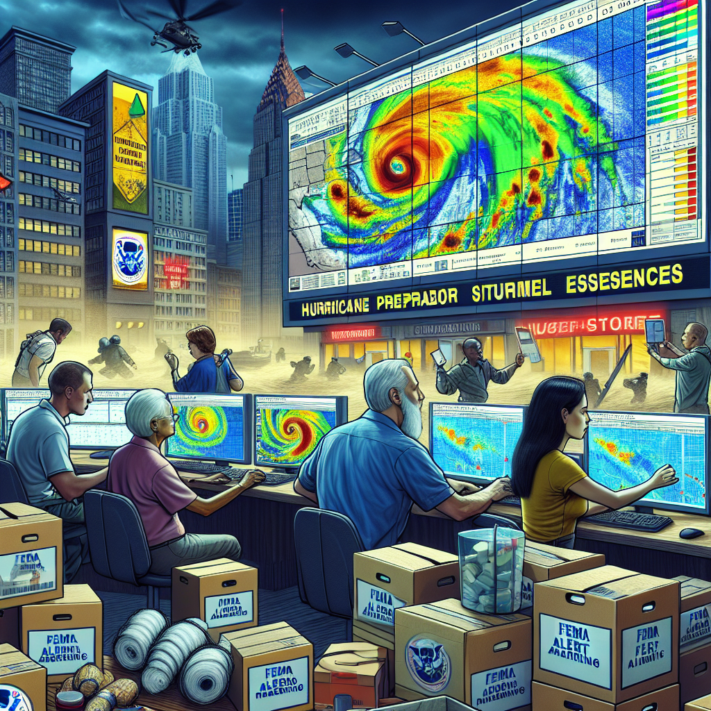 Picture an intense scene embodying the essence of hurricane preparedness during the peak of the season. The image shows weather forecasters of various descents, both males and females, on large computer screens dotted with colorful weather radar images, tracking the path of a formidable storm. Stacks of FEMA labelled boxes with emergency supplies lie nearby. Hurricane alert warnings flash on electronic billboards in a bustling city. Citizens, including a Caucasian elder man and a South Asian teenage girl, are cautiously heeding the notices, reinforcing their homes with storm shutters and securing essentials, stressing the urgency of the situation.