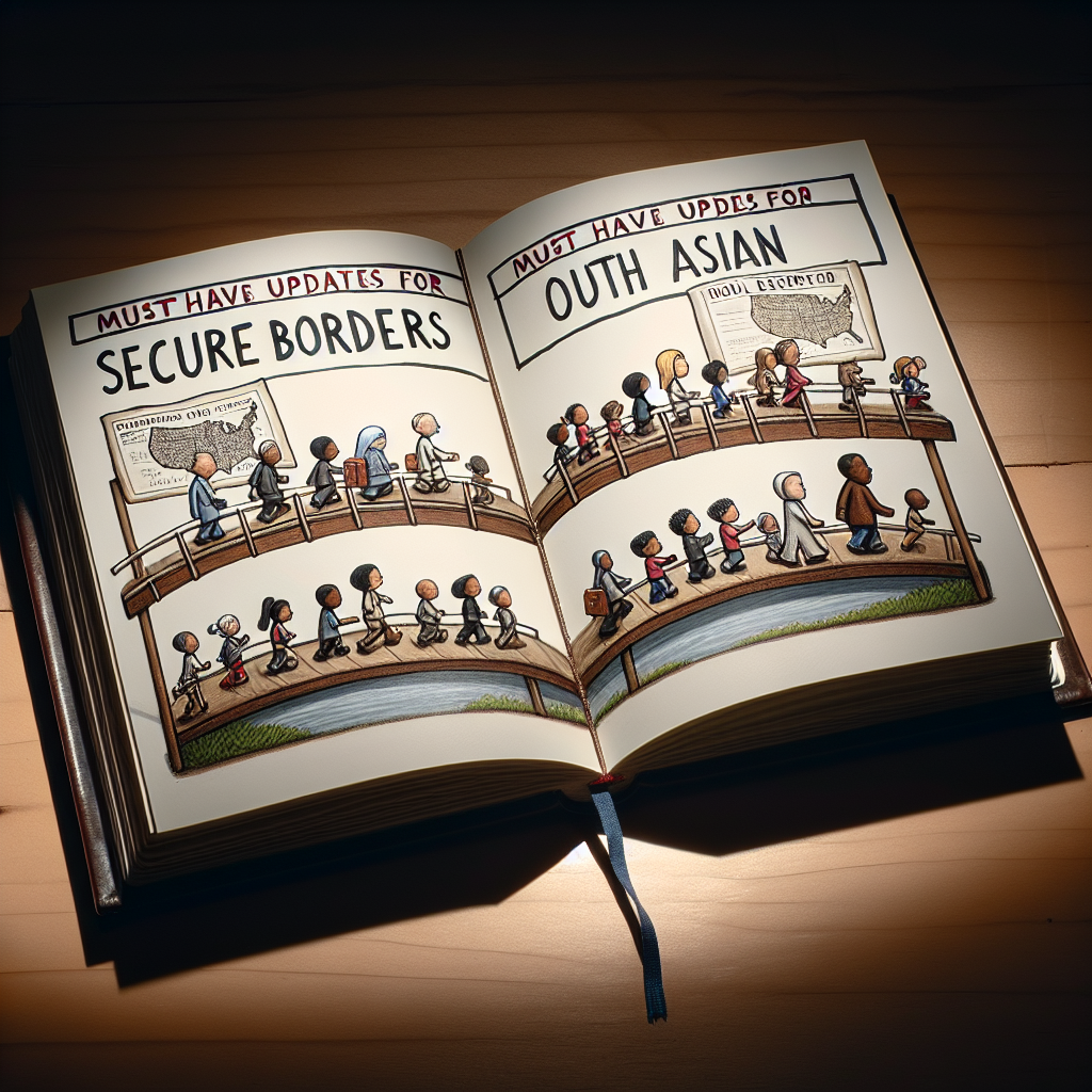 An image depicting a symbolic representation of US immigration policy changes. There is an illustrated book which is titled 'Must-Have Updates for Secure Borders'. The book is open in the middle and tiny illustrated figures of different descents like Caucasian, Hispanic, Black, Middle-Eastern, South Asian are seen crossing a bridge from one page to another. On one page, there is an old sketch of the US map while the other page shows a new and updated map, signifying changes. The lighting is serene and the setting empathetic.
