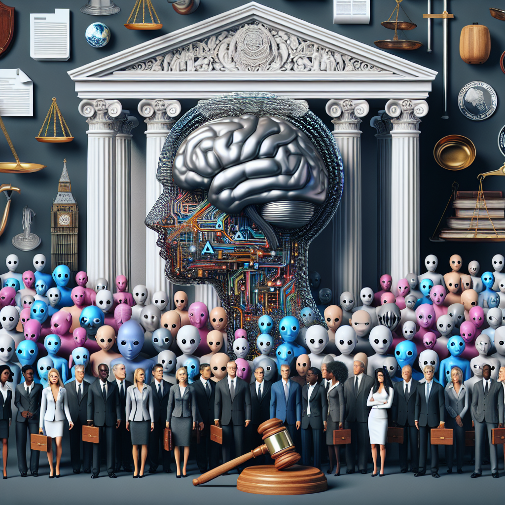 An image representing the concept of artificial intelligence regulation. In the center, there's a large metallic brain symbolizing artificial intelligence. Surrounding it are symbols of law, like a gavel, scales of justice, and legal documents, all symbolizing the regulation. To one side, there's a classical architecture building implying government involvement, specifically the White House. In the background, a range of diverse ethnicity male and female figures in smarter work attire, representing stakeholders from various descents including Caucasian, Black, Hispanic, Middle-Eastern, South Asian.