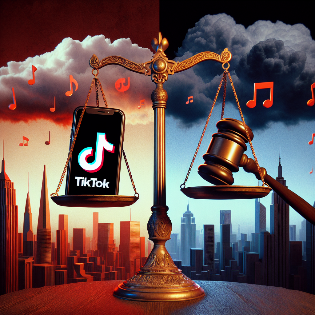 A conceptual image depicting the tension between technology and politics. Imagine a balance scale, one side holding a 3D-rendered smartphone displaying the TikTok logo, representing its cultural impact and technological advancement. On the other side of the scale, a gavel, epitomizing law, order, and regulatory power. The backdrop should be split, half showing a city skyline silhouette with stylistic elements associated with US architecture, and the other half showing a city skyline silhouette with Chinese architectural elements. Between the two cityscapes, have a stormy cloud representing tension.