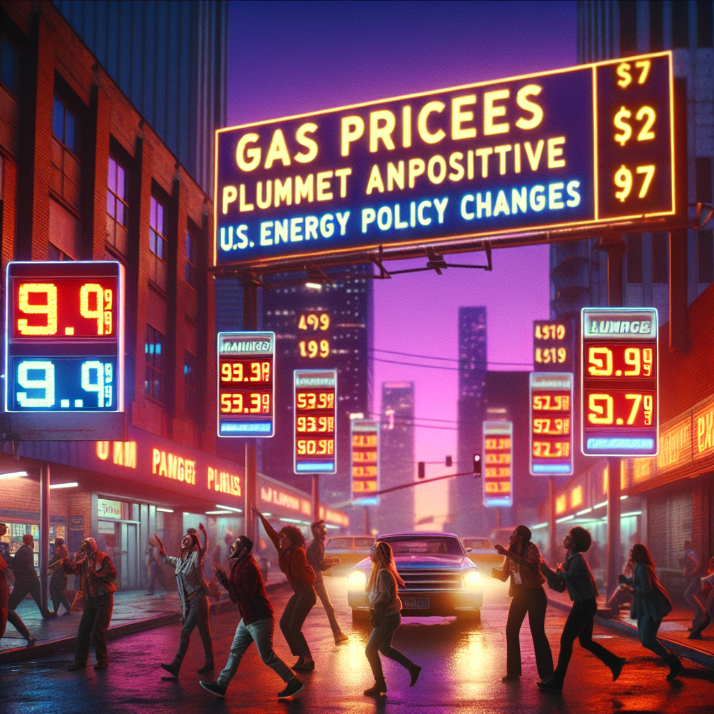 A cinematic shot of a bustling American city street at dusk. Numerous gas stations are dotted along the street, each displaying remarkably low gas prices on large, illuminated signs. Nearby, individuals of various genders and descents express surprise and joy at the radical price drop. The sky is painted with hues of purple and orange, symbolizing the positive shift in energy policies. Imposed over this scene is the headline in bold, impactful typography reading: 'Gas Prices Plummet Amid Positive US Energy Policy Changes'.