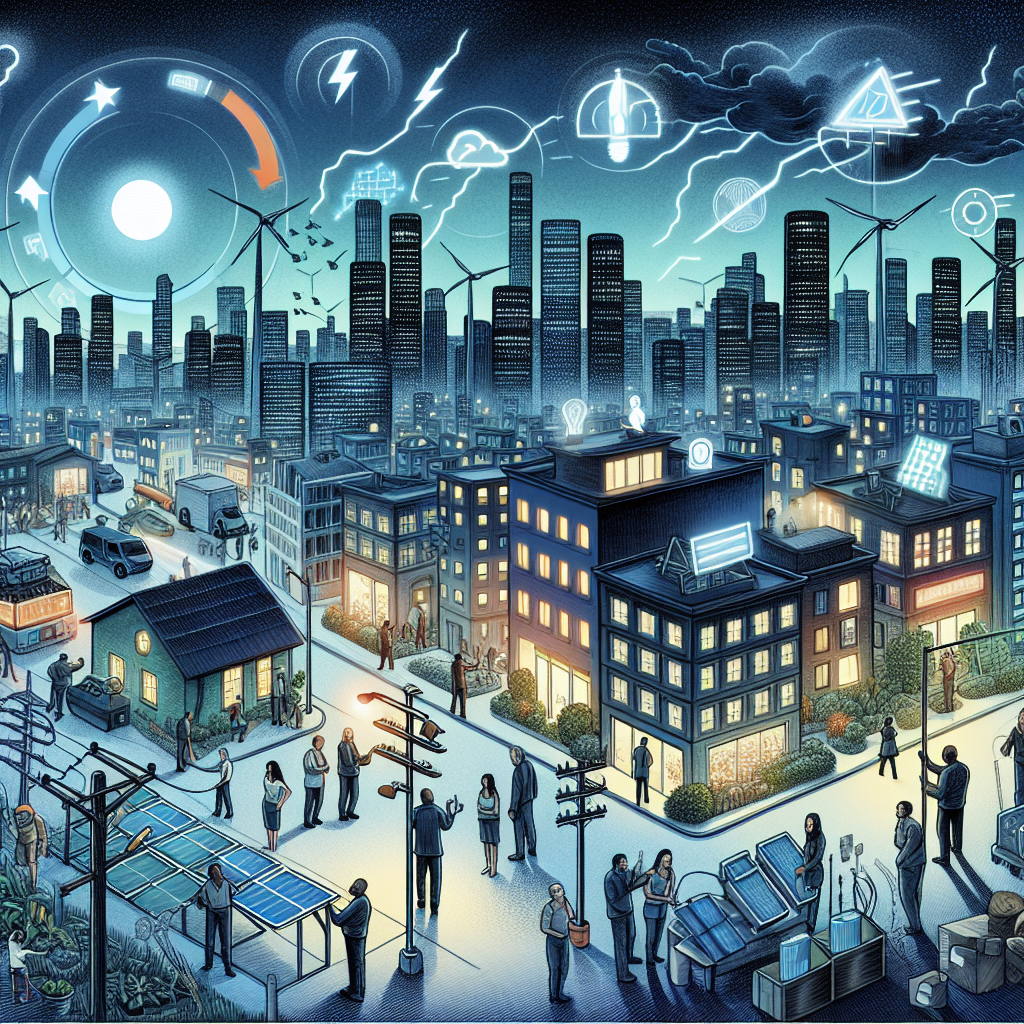 Imagine a detailed illustration that captures the concept of power grid failure risks in a visual manner. The scene should encompass a cityscape during the night with the buildings losing light, signifying a blackout. Alongside this, visualize the resourceful individuals and groups working with innovative solutions like solar panels, wind turbines, and battery storage systems to mitigate the effects of the blackout. Please depict a varied group of people, including a Black woman and a South Asian man, among others, representing the diversity of our global society. Integrate graphics or symbols of strategies such as grid decentralization or battery storage as a part of the illustration.