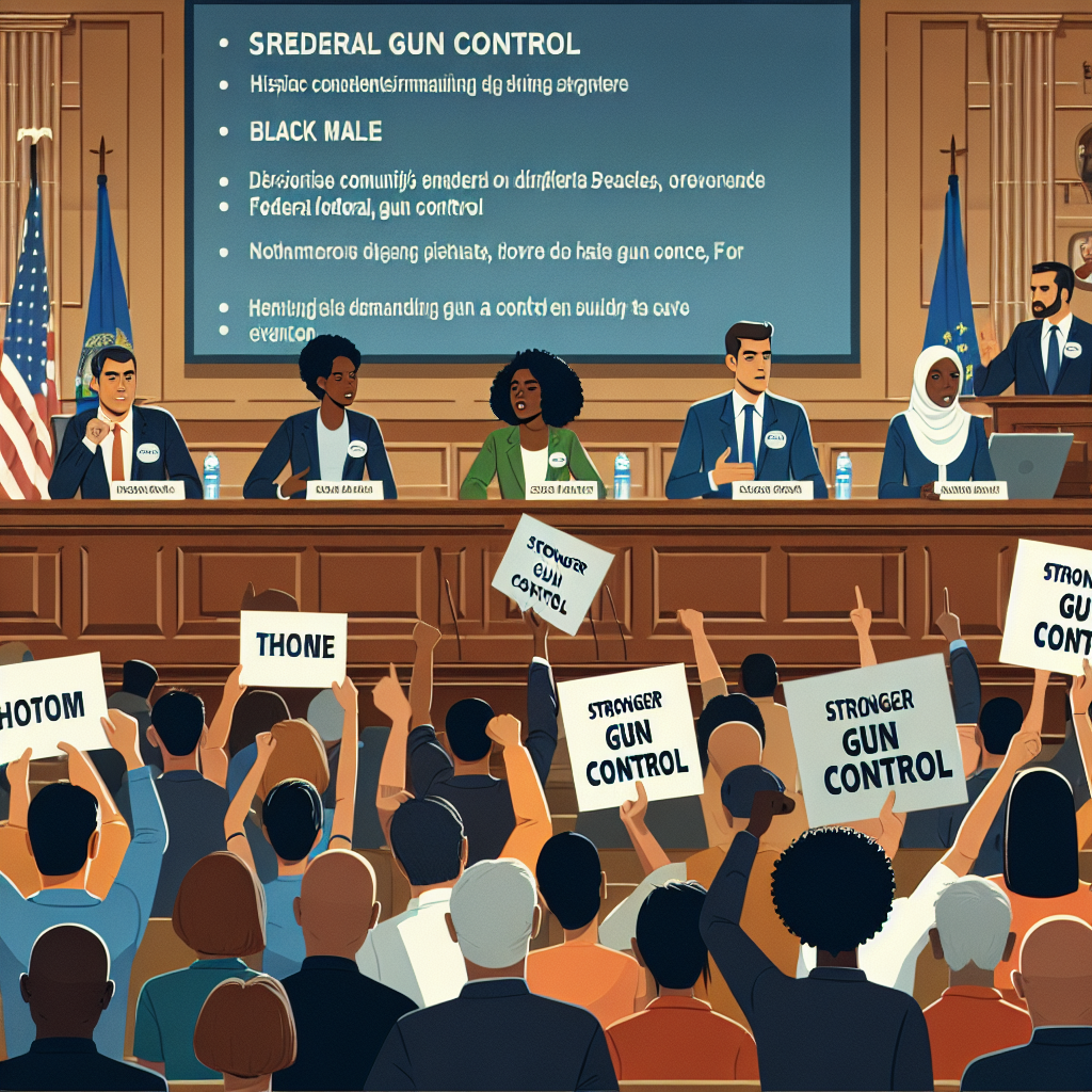 Illustrate a scene where diverse community members of different genders and descents such as Hispanic female, South Asian male, Black male, and Middle Eastern female are passionately involved in a town hall meeting discussing gun control. Show constituents holding placards demanding stronger federal gun control. In the background, transcription of the discussion topics should be visible on a large screen. Let the atmosphere reflect the seriousness of the subject but also the hope for change. No weapons should be depicted in the scene.