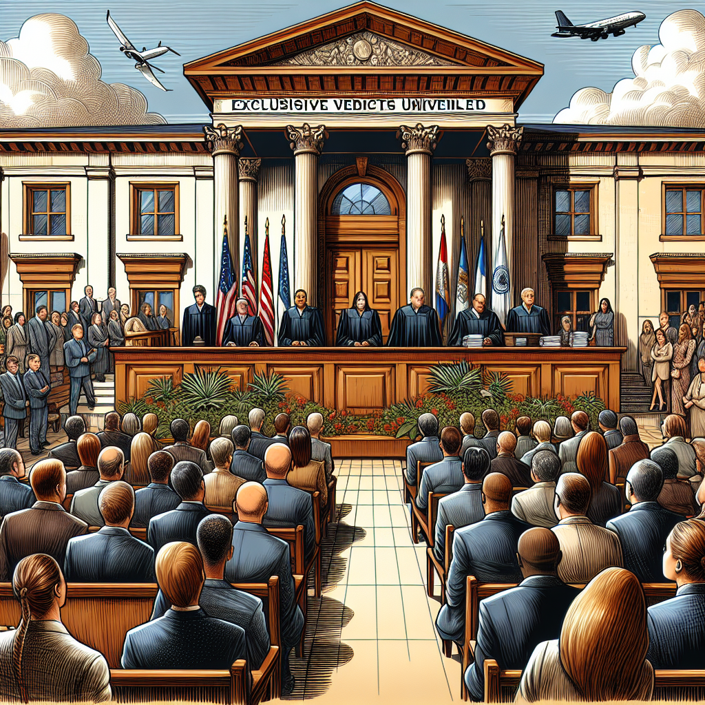 An illustration of a courtroom setting during a high-profile criminal trial in the United States. A standout courthouse with traditional architectural elements, large wooden doors open to reveal a detailed courtroom scene. Inside, person wearing a judges' robe sits behind a tall bench. Lawyers, both male and female of various descents like Caucasian, Black, Hispanic, Middle-Eastern and South Asian surrounded by binders of documents. A jury of different descents and gender listen attentively. Outside the court, a crowd of people wait anxiously for the verdict. Please emphasize on the tension and drama, symbolically representing 'exclusive verdicts unveiled'.