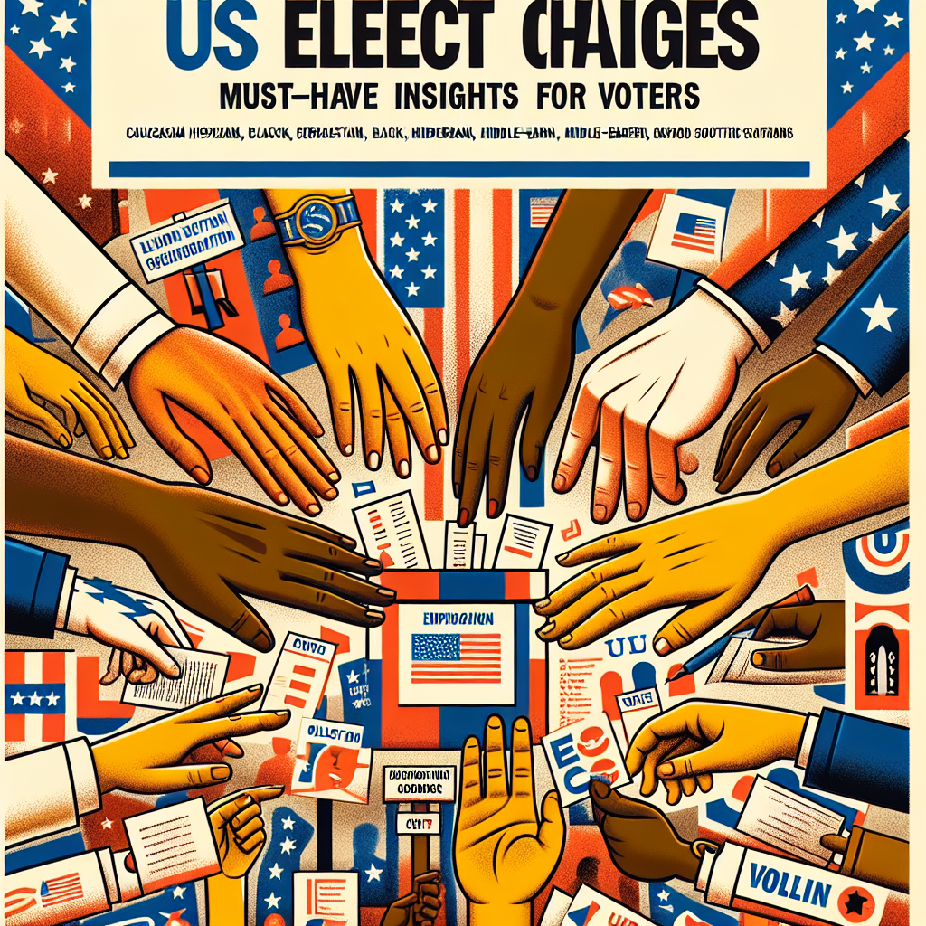 An informative guide about the changes in the upcoming elections in the United States. The cover shows a array of diverse hands, each representing different races such as Caucasian, Hispanic, Black, Middle-Eastern, and South Asian, collectively casting their votes into a ballot box. The background contains symbols of democracy like an eagle, the American flag and the scales of justice. There are also illustrations of crucial voting elements like voter registration forms, election calendars and polling station signage. The words 'US Election Changes: Must-Have Insights for Voters' stand out against the busy scene in bold, easy-to-read text.
