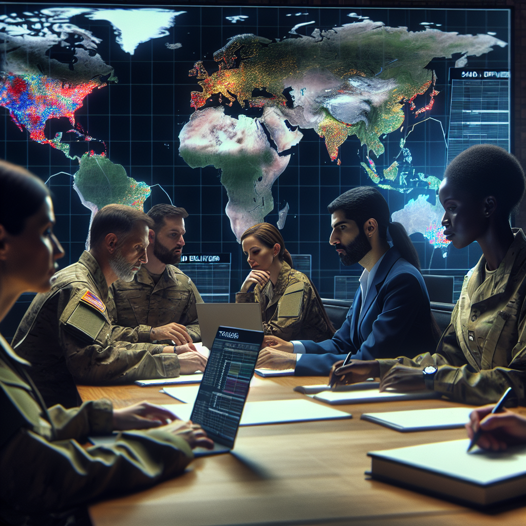 A scene in a strategy room with a global map on display. Trackings of aid deliveries are showcased in various colors. Various military personnel are present with a focus on diversity: A Hispanic female officer points at the map while discussing strategies, a Middle-Eastern male analyst browses through a laptop checking data, a Black female officer reviews a thick notebook, and a Caucasian male officer listens attentively to their points. The room is filled with tension and determination underlining the seriousness of global security issues.