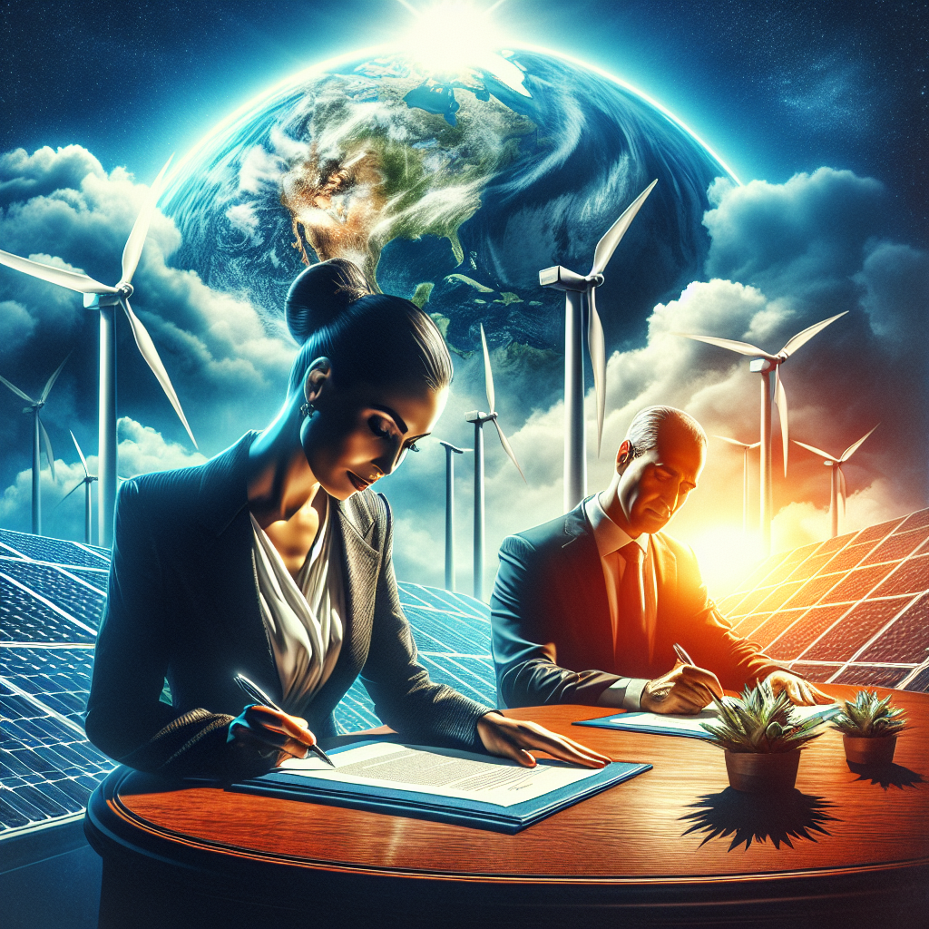 A highly contrasted, energetic scene drawing attention to the clean energy sector. The fore has bureaucrats signing important legislation. The main figure is a woman, of South Asian descent, operating her pen with assuredness. A man, possibly of Middle Eastern descent, is next to her on the roundtable, also focused on the documents. In the background, there are gleaming solar panels under a bright sun and towering wind turbines against a clear blue sky. Hidden in the clouds is a large, warming Earth's globe as a visual metaphor for climate change.