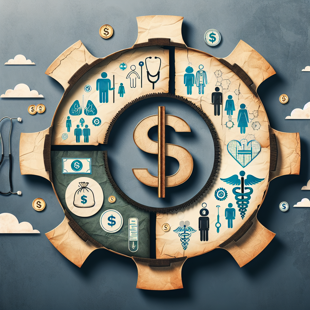 An image illustrating the concept of evolving healthcare programs. Show a large gear mechanism in the shape of a dollar sign to symbolize financial aspects. On the left side of the gear, portray an older piece of parchment paper to stand for the 'old medicare', with symbols of elder people, stethoscope, and the caduceus symbol. On the right side, depict a new, bright, shining parchment symbolizing 'reformed healthcare'. Include younger adults, advanced medical technology symbols, and different variations of currency symbols. Make sure the gear mechanism links these two 'eras', suggesting a smooth transition.