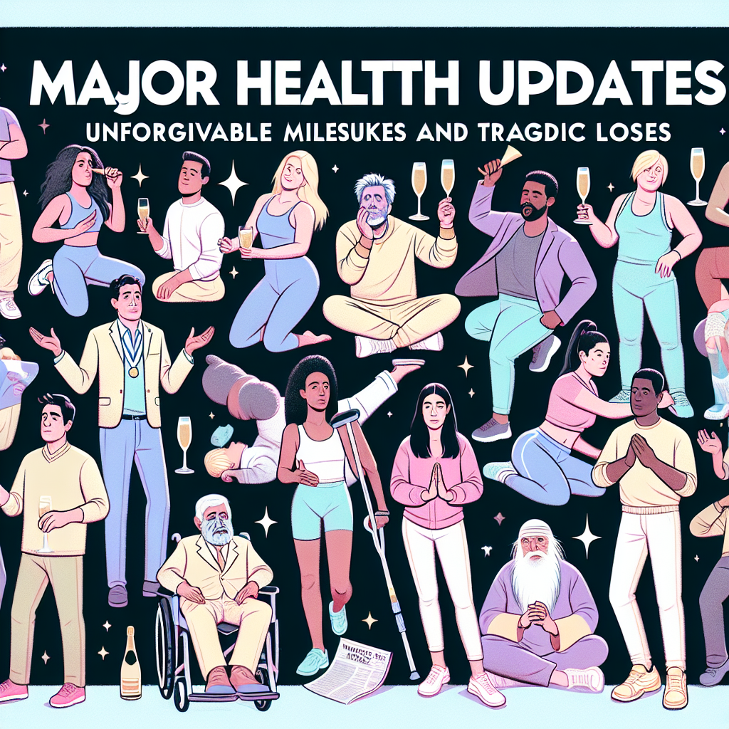 Illustration of a diverse group of celebrity-like people showing different emotions and health related actions. They could be seen exercising, practicing yoga, or meditating. Some are celebrating, displaying expressions of joy and holding champagne glasses. Others exhibit signs of illness, such as being in a wheelchair or using crutches. The headline 'Major Health Updates: Unforgettable Milestones and Tragic Losses' is emblazoned across the top. Remember to represent a variety of genders, ages, and ethnicities, such as Caucasians, Hispanics, Black, Middle-Eastern, South Asians and others.