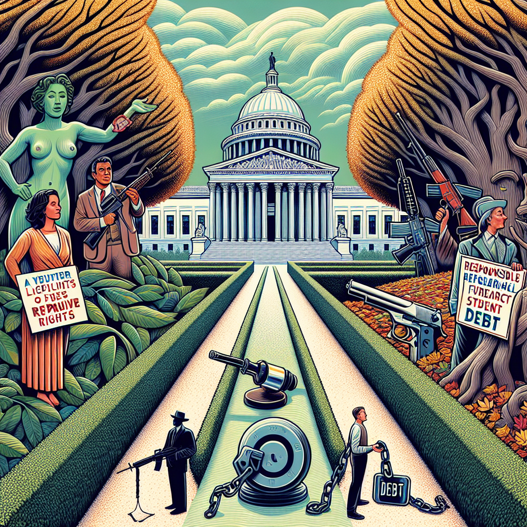 Create an image that eloquently encapsulates the judicial system's influence on societal issues like reproductive rights, firearms regulations, and student debt. The image should center around a massive building – a symbol of the judiciary – with three paths leading to it. Each path, lined by trees unfolding in the colors of autumn, represents a different issue. The first path depicts a woman of South Asian descent holding a sign advocating for reproductive rights; the second a Hispanic man showcasing responsible firearm usage, and the third path a Caucasian student burdened by a backpack filled with books and a ball and chain labeled 'debt'.