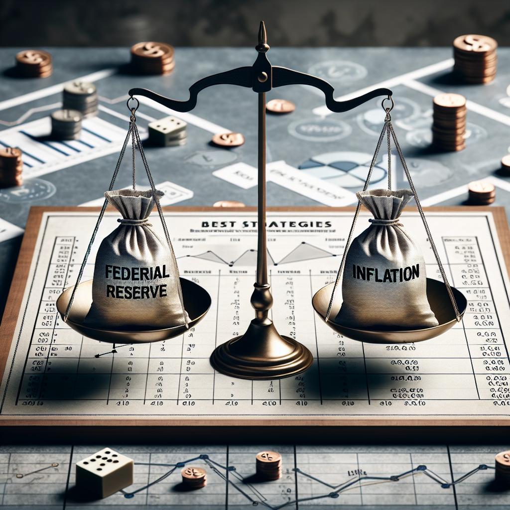 Create a symbolic image showing a balanced scale where on one side there's a bag labelled 'Federal Reserve Interest Rates' and on the other side, a bag labelled 'Inflation'. The balancing scale sits on a board game titled 'Best Strategies' signalling strategic decision making. Include a backdrop of a variety of economic symbols, charts, and graphs in muted colors to demonstrate a sense of financial analysis at work.