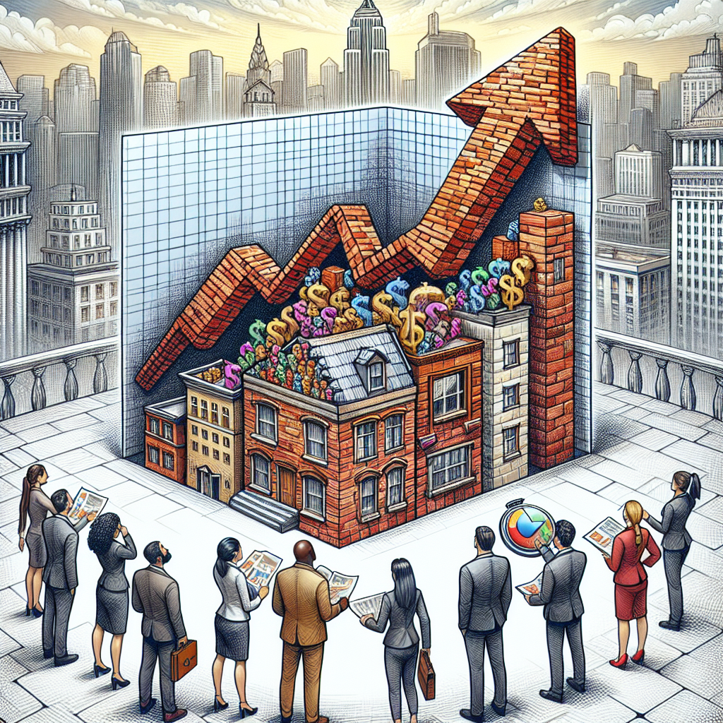 Draw a complex, detailed image capturing the concept of the recent surge in mortgage rates in the United States. The scene should unfold on a traditional symbolic Wall Street background with tall buildings, and a large graph with an arrow pointing upwards to signify rising rates. The arrow could be made of bricks to represent the housing market. Have a diverse set of people looking at the graph – a Hispanic male real estate investor, a black female first-time homebuyer, a South Asian female realtor and a Middle-Eastern male mortgage broker, each displaying a range of emotions from surprise to contemplation. Also represent the strategies they could use to navigate this situation, like a lifebuoy, a compass or a map.