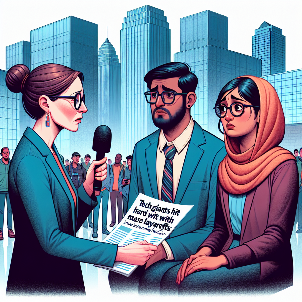 A Caucasian female journalist, wearing glasses and an attire suitable for professional settings, is interviewing a South-Asian male and a Middle-Eastern female who were formerly employed at significant technology companies. Their facial expressions reflect distress and uncertainty. The backdrop includes large, imposing buildings symbolizing the technology corporations, while the foreground shows a growing line of diverse individuals also affected by the mass layoffs. Copies of an article headline reading 'Tech Giants Hit Hard with Mass Layoffs: Insider Insights' are scattered around the scene.