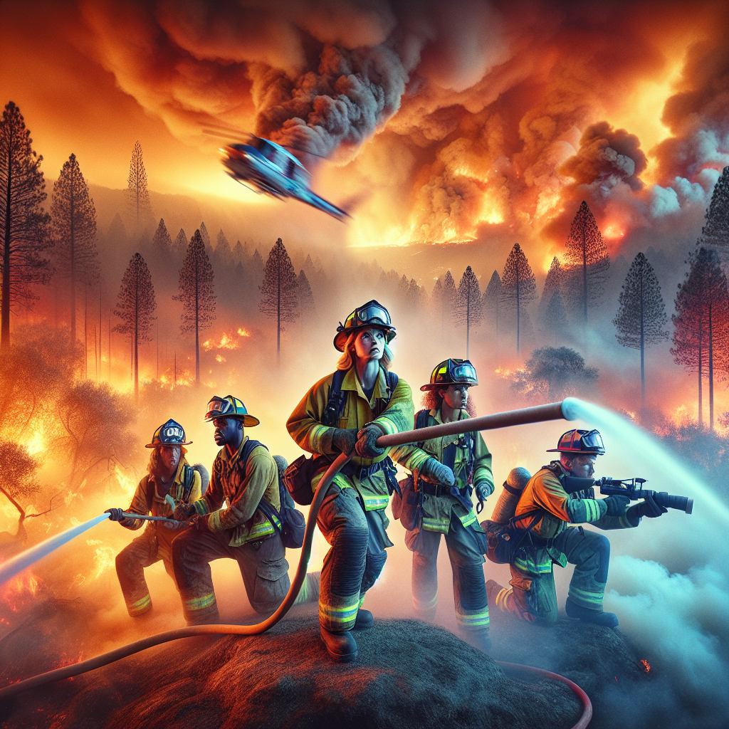 An awe-inspiring yet harrowing scene representing the recent, unprecedented wildfire crisis in the US. The foreground shows a team of diverse, gender-balanced firefighters: an African American woman, a Caucasian man, a Middle-Eastern woman, and a Hispanic man, all in protective clothing, dynamically positioned as they battle the flames with their hoses and equipment. Behind them, a dense cloud of smoke unfurls across a burning orange sky, while licks of flame consume a once-green forest. Far in the distance, blurred by smoke, a concerned Caucasian female Emergency Services operator relays critical information.