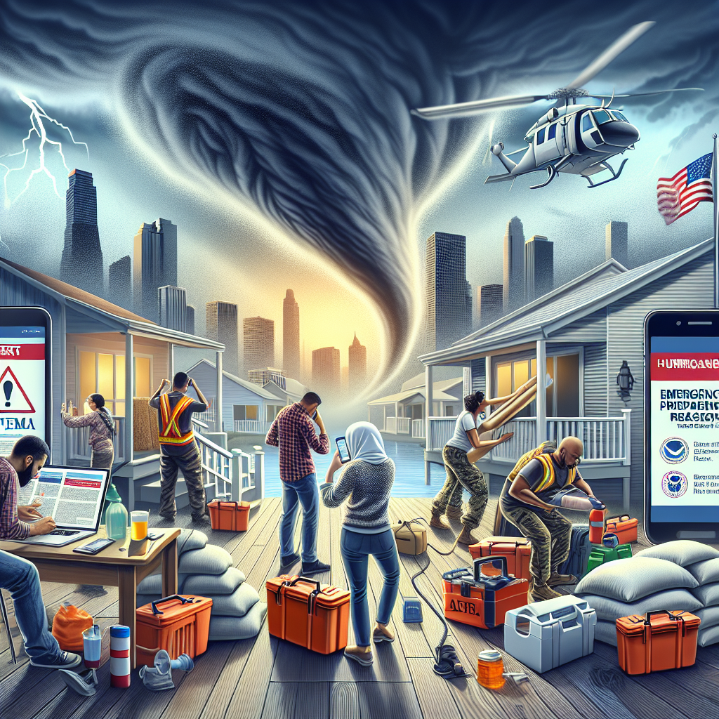 Create an image that depicts a dramatic yet informative scene related to emergency preparedness for hurricane season. The image should show a variety of people from different racial backgrounds (Middle-Eastern, Caucasian, Asian) actively preparing for an incoming hurricane. They are securing their homes with sandbags, checking emergency equipment such as flashlights and generators, and studying maps of evacuation routes. Hurricane alert messages from FEMA are broadcasting on their smartphones and laptops, emphasizing urgency and caution. Show a looming storm cloud in the distance, to highlight the impending hurricane.