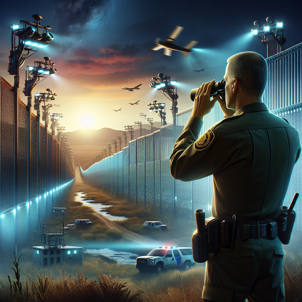 Illustrate a scene symbolizing changes in border security. Show a high-tech fence spanning across a vast landscape, representative of the US-Mexico border. The fence is equipped with advanced surveillance cameras, night vision detectors, and motion sensors. In the foreground, present a figure - a middle-aged, Caucasian man clad in the uniform of a border patrol agent, sternly observing the border through high-powered binoculars. In the distance, create an aura of the sunrise, symbolizing a new era or change. Avoid any direct political references or figures. Let the overall composition communicate the developments in US immigration policy.