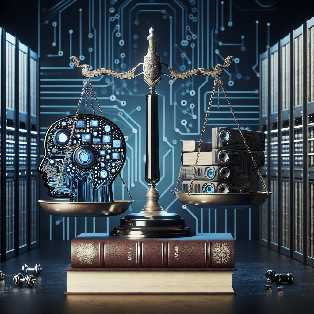 A visual representation of AI regulation showcasing scales of justice in the foreground and modern, sleek computers and servers in the background, symbolizing the digital nature of the subject. On the scales, instead of weights, let there be AI related symbols such as circuit boards and neural networks on one side, with books of law and constitution on the other side, indicating a balance between technology and regulation. The overall tone should be professional and the dominant colors should lean towards blues and grays to signify technology and law respectively.