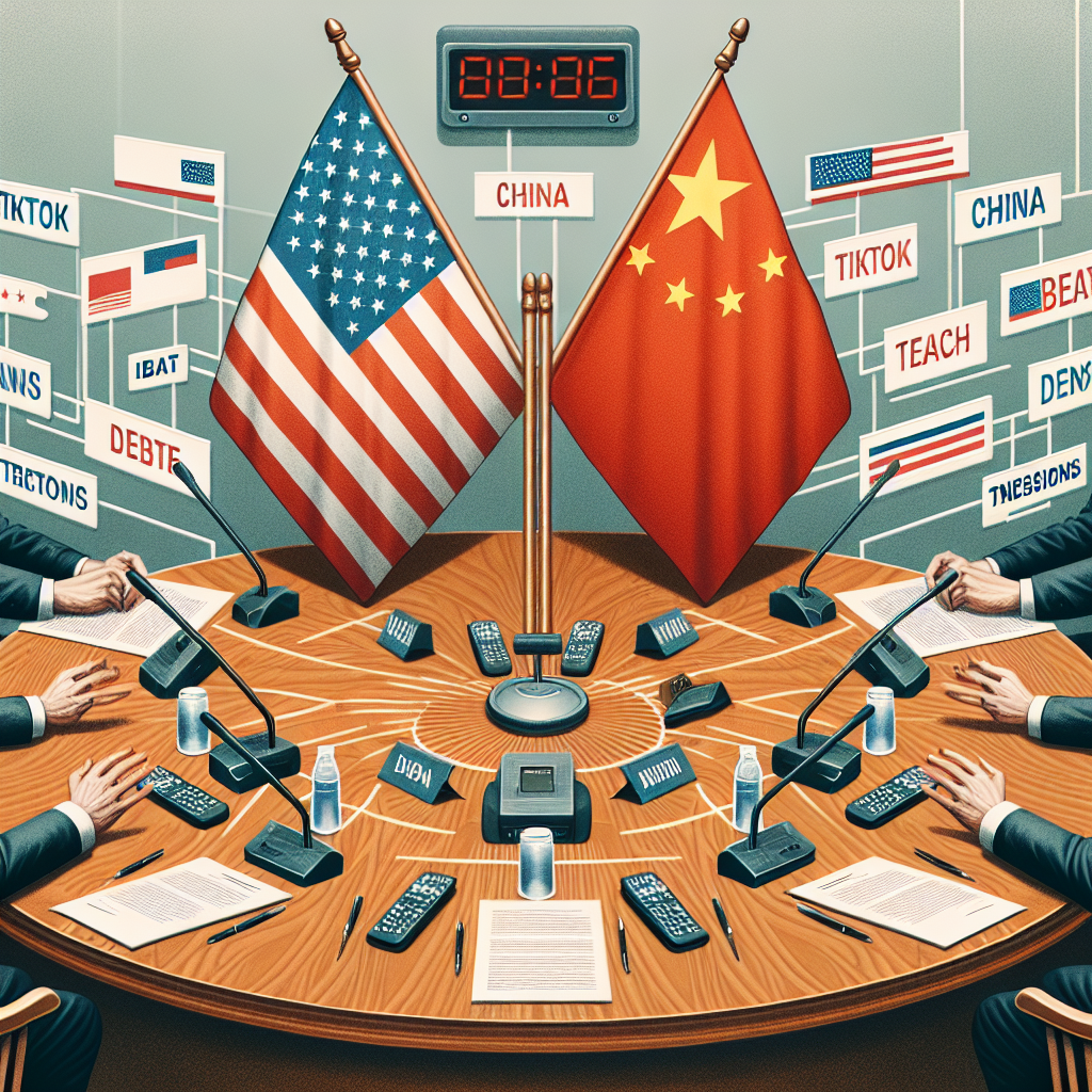A large round wooden table with two flags standing on it - one of the United States and the other of China. On the table, several microphones and papers are scattered, indicating an intense discussion. Two pairs of hands, one representing a middle-aged Caucasian man and the other representing a middle-aged East-Asian man, are depicted - both gesturing with emphasis. Meanwhile, a digital clock in the background is ticking, symbolizing the time-sensitive nature of the debate. Important keywords related to the topic, like 'TikTok', 'Ban', 'Debate', 'Tech Tensions' are written in bold fonts floating in the air.