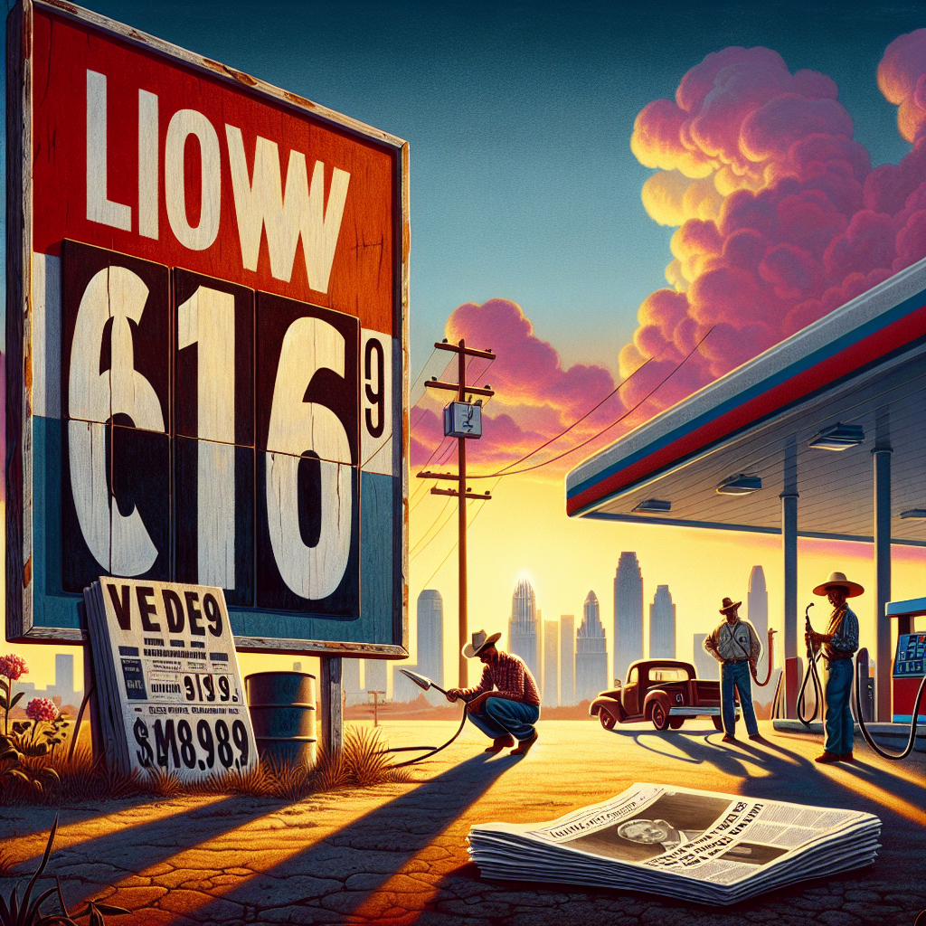 An illustration of a large, weather-worn sign in the foreground indicating a surprisingly low price for gasoline. The backdrop is painted with hues of the sunset, casting long shadows on an empty gas station standing nearby. A stack of local newspapers with bold headlines about energy policies is seen near the station. Further in the distance, workers in the oil fields - a Hispanic woman checking gauges and a White male inspecting pumpjacks - indicate ongoing production despite the plummeting prices. A detailed city skyline looming at the horizon suggests the cross-country impact of the situation.