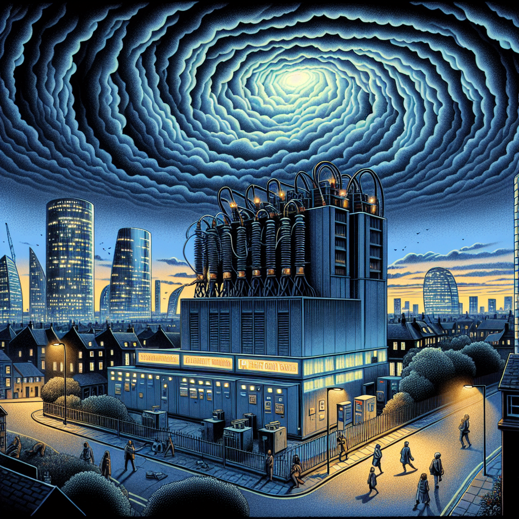 Illustration depicting a detailed city skyline at dusk with buildings cast in shadow, unlit by the usual city lights. In the foreground, a power station stands idle, circuits and transformers silent. In the sky above, an ominous, swirling storm gathers, symbolizing the potential threat of a power grid failure. A digital display on a prominent building shows the text: 'Nationwide Blackout Warnings: Mitigate Power Grid Failure Risks'. People of various descents and genders are on the streets looking up at the sky with an air of uncertainty and concern, hinting at societal worry about the looming threats to our power infrastructure.