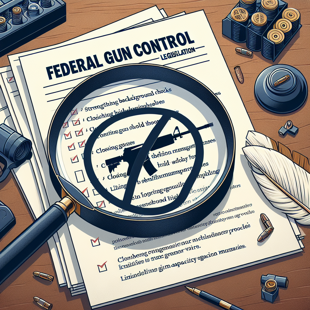 Illustrate a conceptual scene about federal gun control legislation. Visualize a large magnifying glass over a set of official documents with the title 'Federal Gun Control Legislation'. The paper includes details on strengthening background checks, closing gun show loopholes, and limiting high-capacity magazines. Nearby item on the table, a crossed out symbol over a semiautomatic weapon, representing curbing gun violence. A feather quill and inkwell sit on the side symbolizing the legislative process. No people are involved in the image.