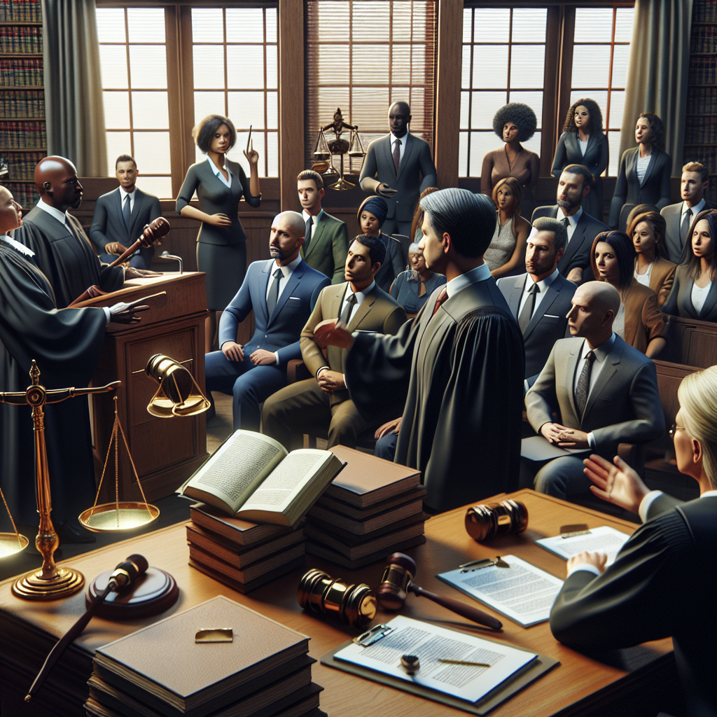 A scene showing the interior of a courtroom during a high-profile criminal trial in the United States. Two lawyers are in the middle of a heated argument. The judge, an African American woman, is pounding the gavel to restore order. A jury of diverse individuals, including Hispanic, South Asian, Caucasian, Black, and Middle-Eastern individuals are listening attentively. The room is filled with anticipation, as piles of documents and exhibits are scattered around the room. An ornate scale, the symbol of justice, is prominently displayed in the room.