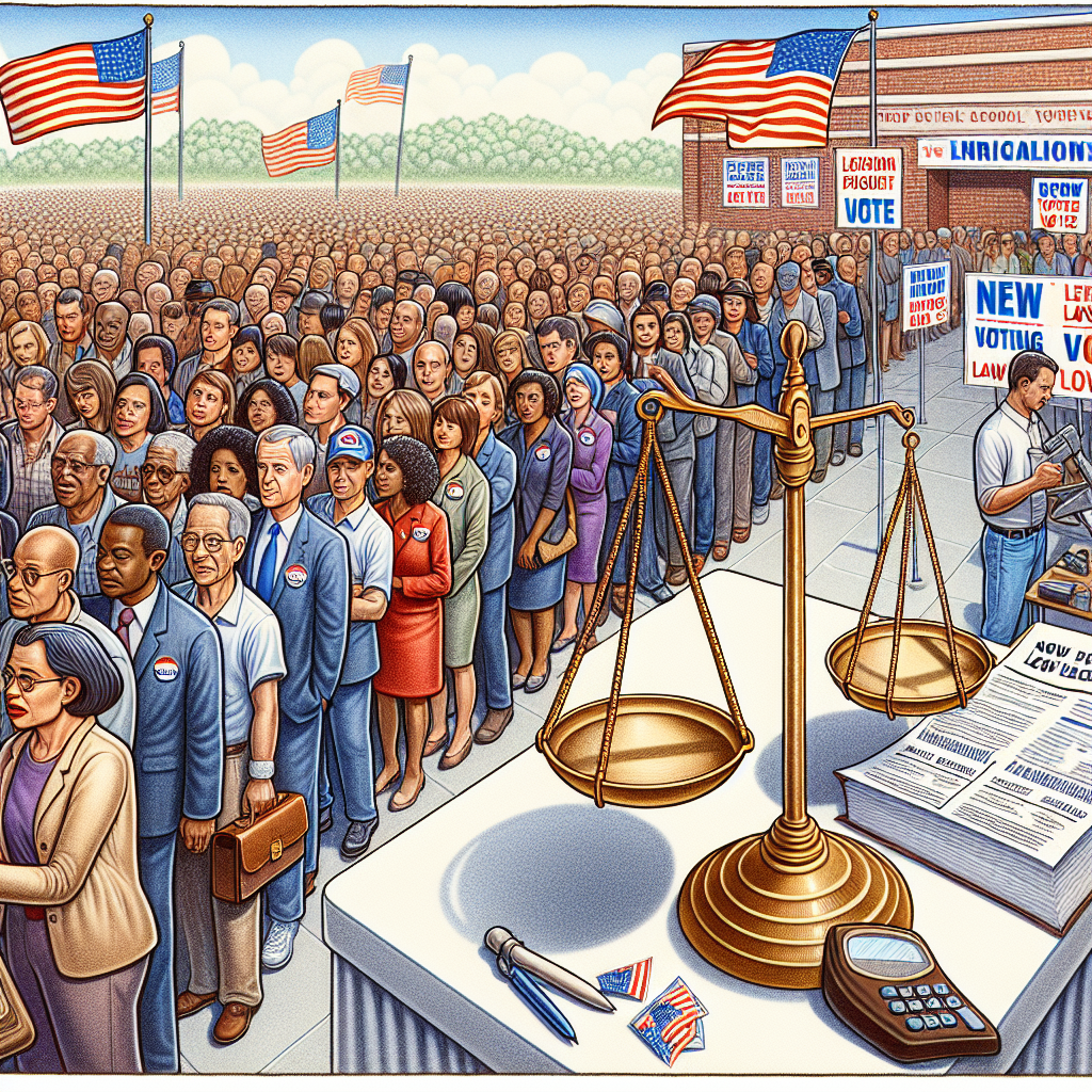 Depict a detailed scene showing some symbolic elements related to new US voting laws without highlighting any specific politician. Visualize a crowd of diverse people, representing different genders and descents like Caucasian, Hispanic, Black, Middle-Eastern, South Asian, and White, lined up to vote at a polling station on a sunny day. The polling place is well-equipped with ballots, voting booths, and informative signs outlining new voting procedures. Beside it, illustrate a scale which balances a vote and a law book, symbolizing the trade-off between the citizen's right to vote and the law that governs the process. The background should be abound with American flags waving in the wind, displaying the journalistic spirit of the topic.