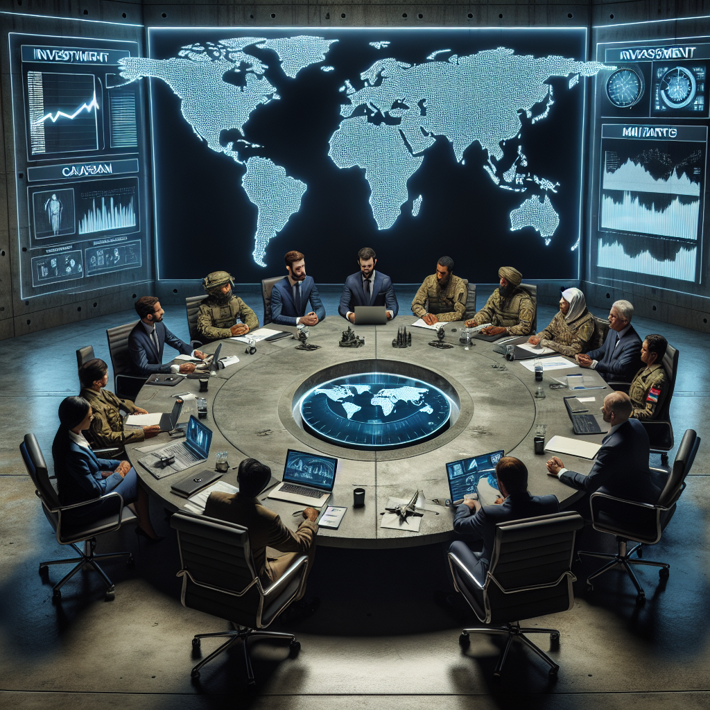 A concrete conference table in a secured classified environment, with an unspecific world map outlined in light on the wall. Caucasian, Middle-Eastern and Hispanic representatives sit around the table. In the center lie relevant documents: one showcases investment charts, another depicts military equipment, and the third shows a global security report. Everyone is engaged in a serious discussion. A giant wall clock displays that it is midnight, symbolizing the urgency of the matter. No national flags or insignia are present to indicate neutrality.