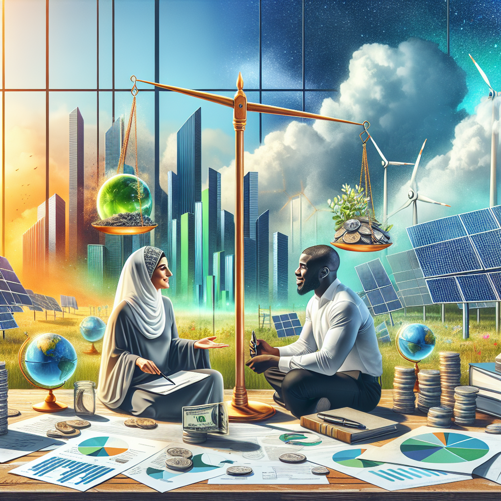 A picture illustrating the concept of clean energy investments for maximum impact. In the foreground, a Middle-Eastern woman and a Black man sit at a table scattered with documents and graphs displaying energy trends. They are engaged in a lively discussion. Behind them, a large window reveals a landscape of modern energy-efficient buildings, supplement by solar panels and wind turbines. The sky is vibrant and clear, symbolizing a healthy environment. A balance scale sits on the table, with coins on one side and a model of a green globe on the other, symbolizing the balance between profit and environmental responsibility.