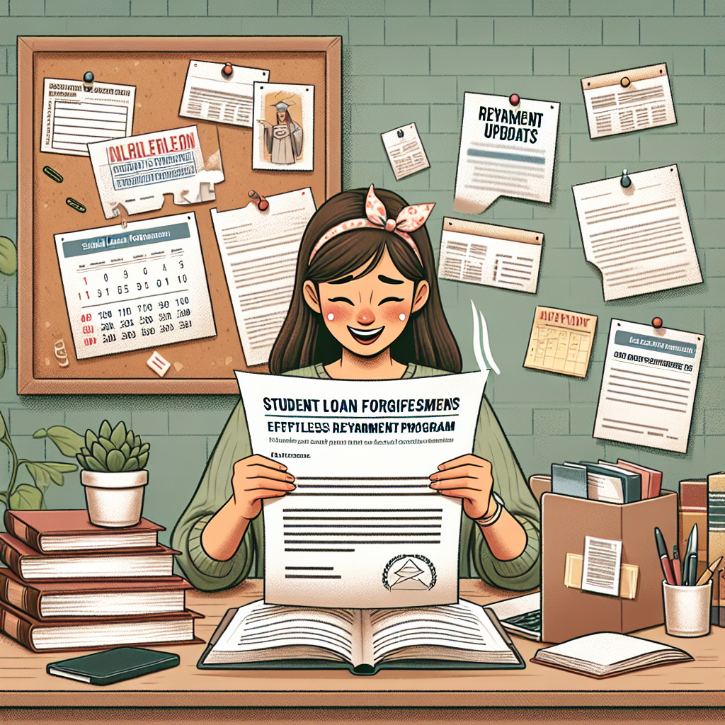 An illustration of a relieved Asian female student, reading an official looking letter that is signed 'Student Loan Forgiveness Program'. She is in a cozy study room, surrounded by stacks of academic books and a laptop showing a website with the headline 'Effortless Repayment Updates'. In the background is a corkboard pinned with various bills, a calendar, and academic deadlines, symbolizing her previous stresses, that are now fading away due to the new update. The overall scene emits a sense of hope and relief.